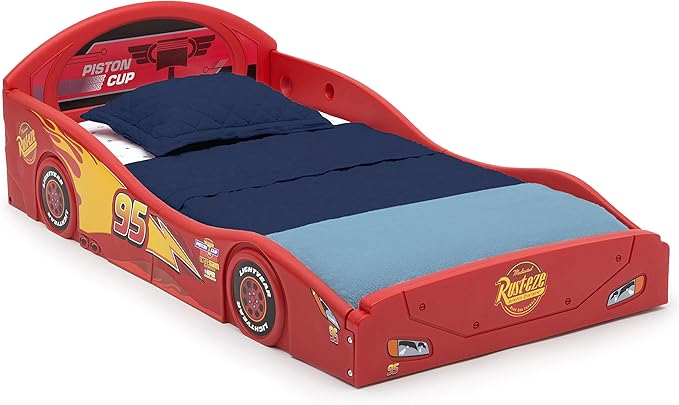 Delta Children Disney Pixar Cars Lightning McQueen Race Car Sleep and Play Toddler Bed with Attached Guardrails