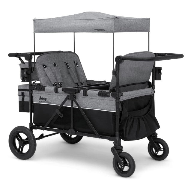 Jeep Wrangler Deluxe 4 Seater Stroller Wagon by Delta Children - Premium Quad Stroller Wagon for 4 Kids with Convertible Seats, Adjustable Push/Pull Handles, Removable Canopy & Flat Fold, Grey